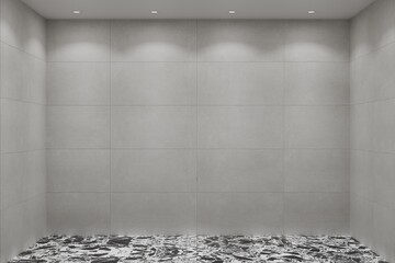 Empty bathroom with marble tiles. Room with Ceramic Ground Background. Bathroom interior with marble and metal tiles.