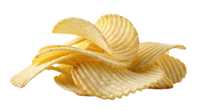 Pile of crispy potato chips isolated on transparent background, a salty snack