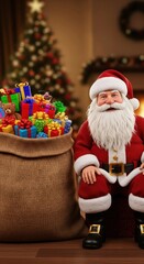 Santa claus sitting next to a sack full of colorful presents with a christmas tree.