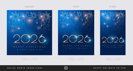 Happy New Year 2026 and Merry Christmas corporate blue social media backgrounds with fireworks - Templates for  company marketing stories, square, portrait posts