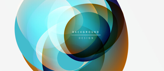 Abstract circles overlap, creating vibrant color gradients. Modern design elements suggest energy, flow, innovation. Background features text.