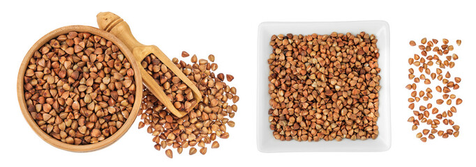 Raw buckwheat in wooden bowl isolated on white background. Top view. Flat lay