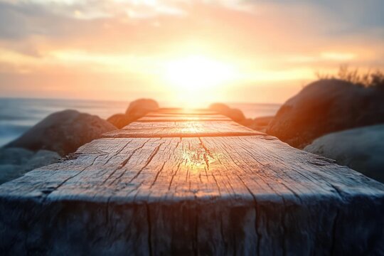Close-up of weathered wooden pier leading towards a glowing sunset over the ocean with large rocks on either side