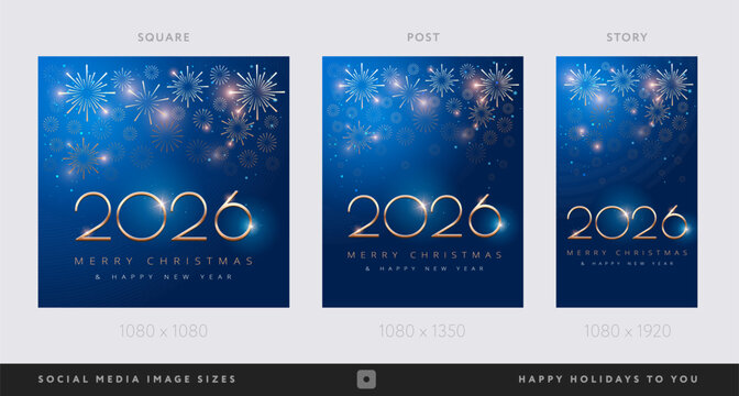Happy New Year 2026 and Merry Christmas corporate blue social media backgrounds with fireworks - Templates for  company marketing stories, square, portrait posts