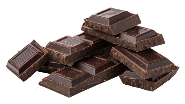 Pile of dark chocolate pieces isolated on transparent background, a sweet treat