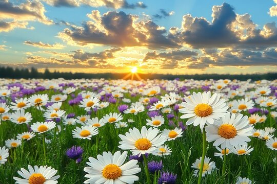 Sunset over a vibrant field of blooming white daisies and purple wildflowers under a partly cloudy sky with golden sun rays shining through