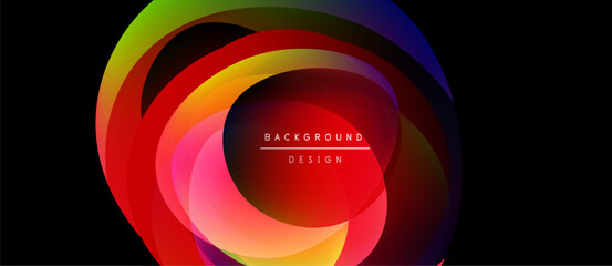 Fototapeta premium Abstract colorful layers create dynamic circular design. Vibrant hues blend, forming modern background element. Text reads background design.