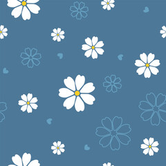 Blue seamless pattern with white daisies and minimal line flowers in clean botanical style