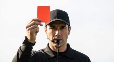 Soccer Referee Holding Red Card Penalty Action Whistle Blown Black Uniform Officer Fair Play Regulation