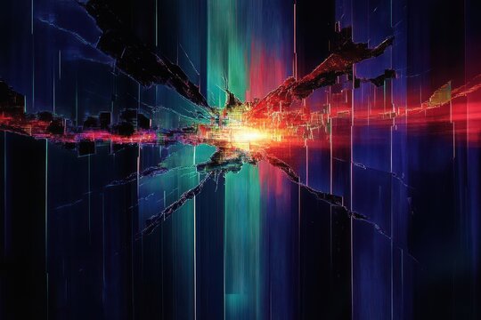 abstract digital art depicting a radiant burst of colorful light breaking through dark fragmented shards with vibrant vertical streaks of blue, red, and green hues, evoking energy and motion