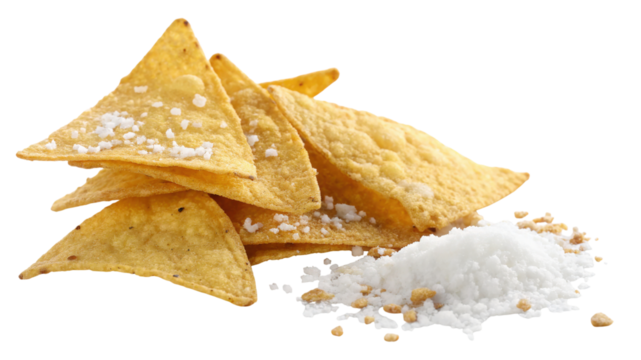 Pile of salty tortilla chips isolated on transparent background for snack time