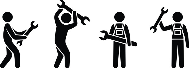Black Silhouette Stick Figures of Mechanics Holding Wrenches Posing in Different Ways