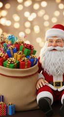 Santa claus with a bag full of colorful gifts in front of a bokeh lights wall.
