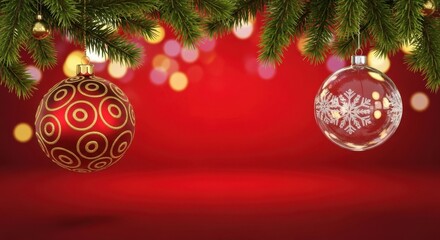 Festive christmas background with ornaments, fir branches, and bokeh lights on red.