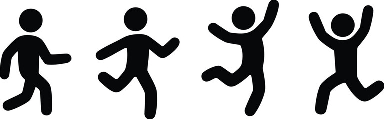 Black Stick Figures Progressing from Walking to Running and Celebrating with Arms Raised