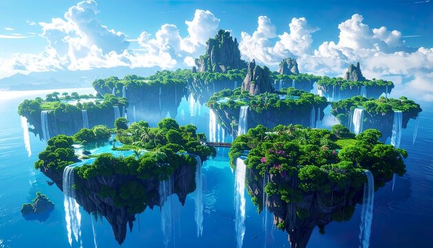 Surreal floating islands with cascading waterfalls under a bright blue sky - Powered by Adobe