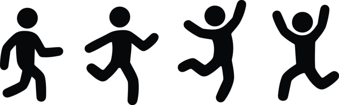 Black Stick Figures Progressing from Walking to Running and Celebrating with Arms Raised