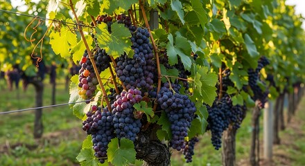 Lush Vineyard Grapes Ripening on the Vine Under Golden Sunlight.
