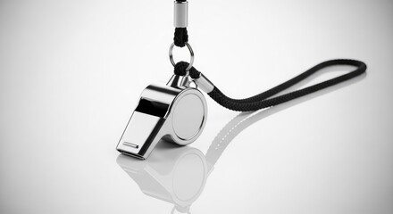 Shiny Metallic Whistle on a Black Lanyard with Reflection Against Bright White Background Symbolizes Referee Control in Sports