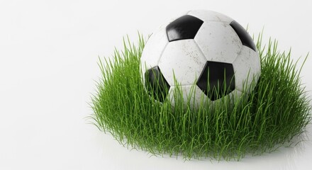 Classic Black and White Soccer Ball Resting in a Patch of Lush Green Grass on a Bright White Background Representing Game Preparation