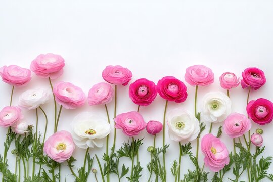 Assortment of delicate pink, white, and magenta ranunculus flowers with green stems and leaves arranged against a white background, evoking a fresh and cheerful mood