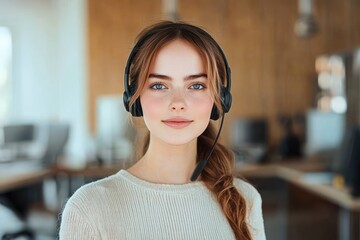 young woman with headset smiling confidently in a modern office environment with blurred background