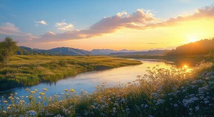 Serene river flowing through lush green meadows with flowering plants at sunset under a vibrant sky with scattered clouds and distant mountains