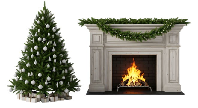 Christmas tree decorated with white baubles and a fireplace with a roaring fire, isolated on transparent background
