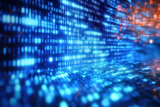 Abstract digital data represented by glowing binary code in blue and orange hues conveying information flow and technology innovation