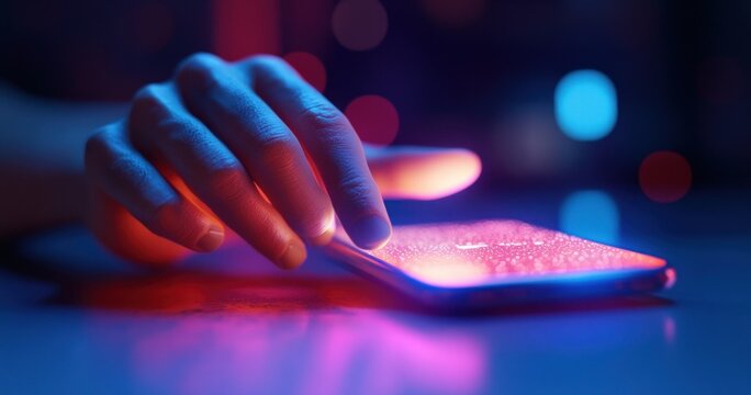 Close-up of a hand interacting with a smartphone screen illuminated by vibrant blue and pink neon lights in a dark setting - Powered by Adobe