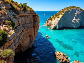 coastal cliffs overlooking a turquoise sea with a distant sailboat,  vacation,  travel