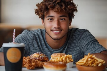 Smiling young man sitting at table with a variety of fast food including french fries, fried chicken, burgers, donut, and a soft drink cup