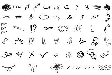 Hand drawn doodle set vector illustration pack with arrows and symbols, emphasis markers, annotation tools, and graphic elements