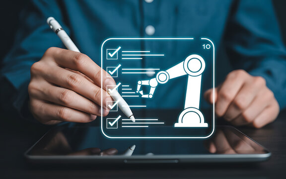 Person using a stylus to check off items on a digital checklist with a robotic arm icon on a tablet, representing automation and task management