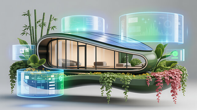 3D illustration of a sleek eco-friendly smart home with solar panels, greenery, and holographic AI interfaces, symbolizing sustainable architecture, renewable energy, and futuristic green technology.