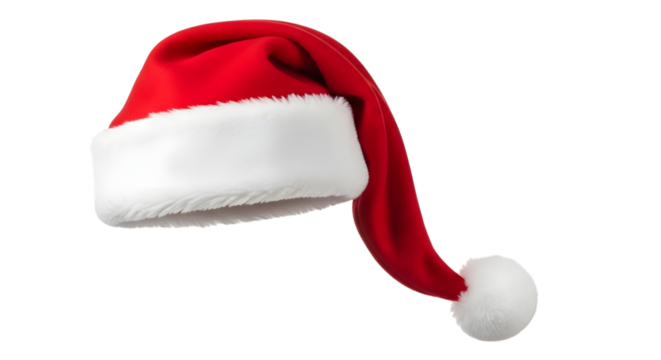 A red santa claus hat with white trim and a white pompom, isolated on transparent background