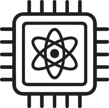 A black and white illustration of a microchip with an atom symbol