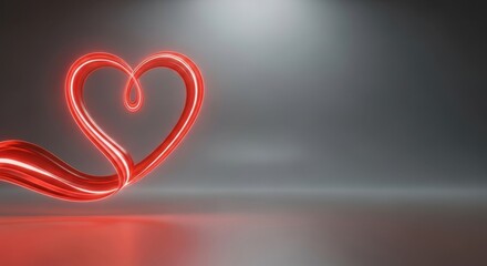 Glowing red heart shape with ribbon on gray. Love, romance, and valentine day.