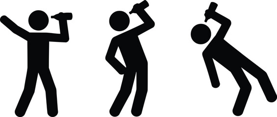 Three stick figures drinking from bottles, one falling down, white background