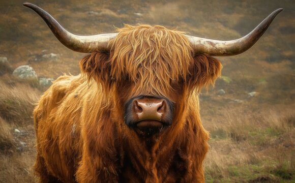 close-up of a shaggy long-haired highland cow with large curved horns standing in a natural grassy landscape under an overcast sky