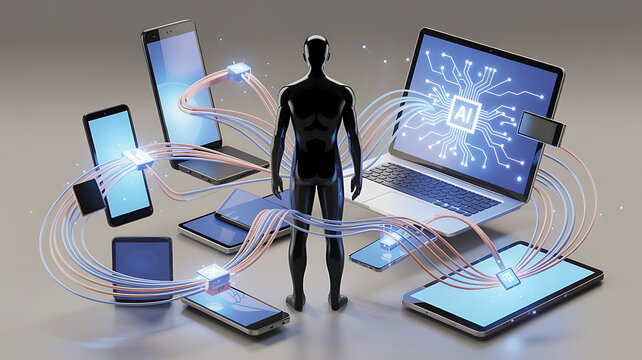 3D illustration of a person relaxing in a futuristic smart home with floating holographic AI assistants and digital screens, symbolizing advanced home automation, technology, and modern virtual living