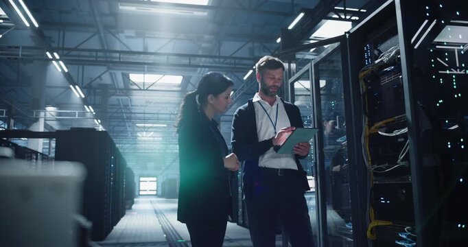 Engineer inspects server rack with tablet in a bright data center, cables, network devices, device monitoring, connection checks, IT service for business infrastructure and secure data management.