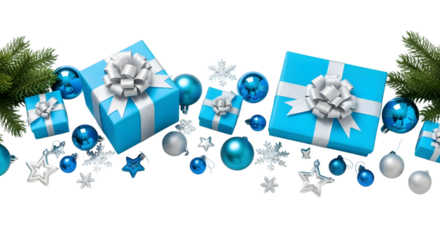 Christmas gifts and ornaments, including blue boxes with silver bows, blue and silver baubles, snowflakes, and pine branches, isolated on transparent background