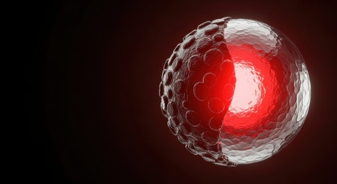Cross section of a cell with a bright red core on a dark background. 3d render.