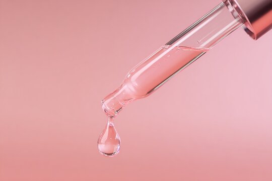 Close-up of glass serum dropper with pink liquid and droplet on pastel background