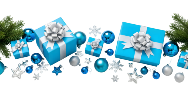 Christmas gifts and ornaments, including blue boxes with silver bows, blue and silver baubles, snowflakes, and pine branches, isolated on transparent background - Powered by Adobe