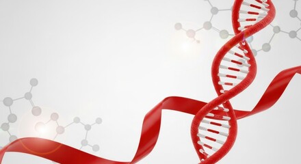 Red dna strand with ribbon and molecule structures, genetic research concept.