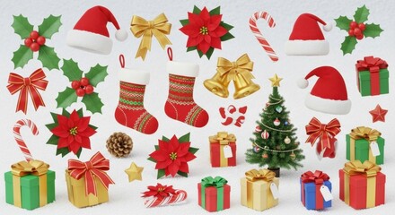 Christmas ornaments, including gifts, candy canes, christmas tree and santa hats.