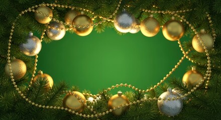 Christmas frame with baubles, beads, and fir tree branches on green background.
