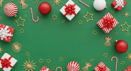 Christmas frame with baubles, gift boxes, candy canes and stars on green background.